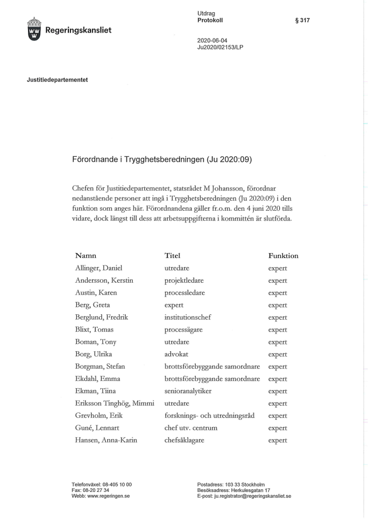 Stiftelsen Tryggare Sverige med i Trygghetsberedningen (Ju 2020:09)
