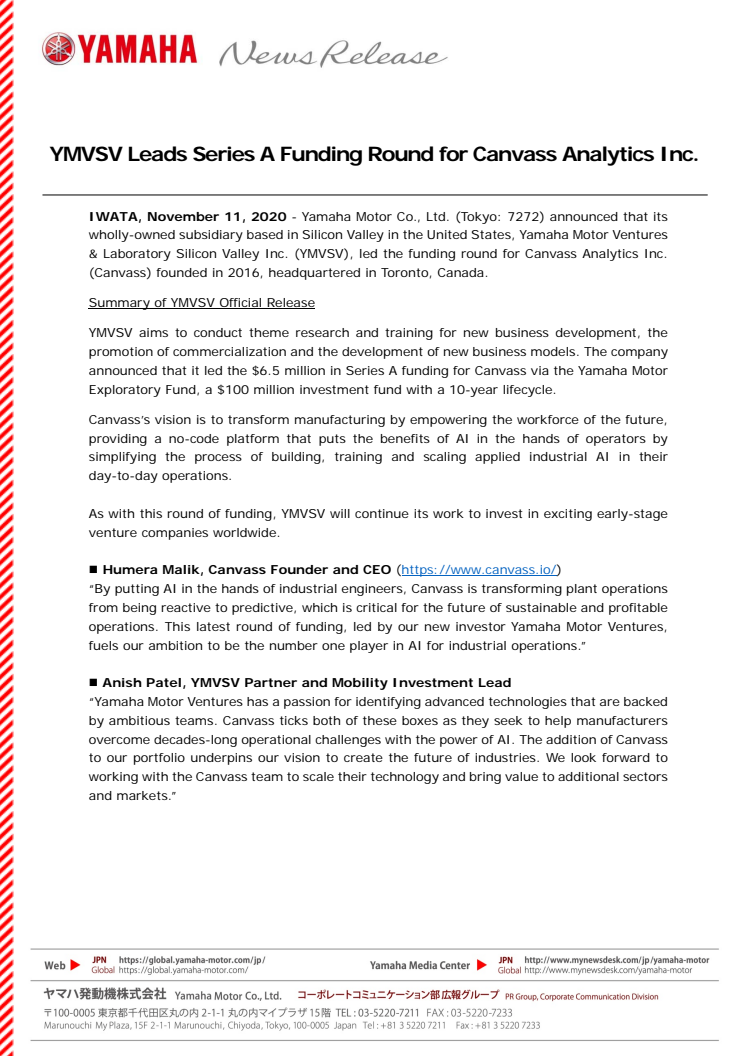 YMVSV Leads Series A Funding Round for Canvass Analytics Inc.