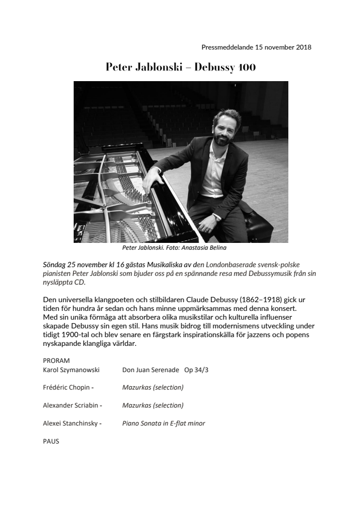 Peter Jablonski  -  Debussy 100 på Musikaliska
