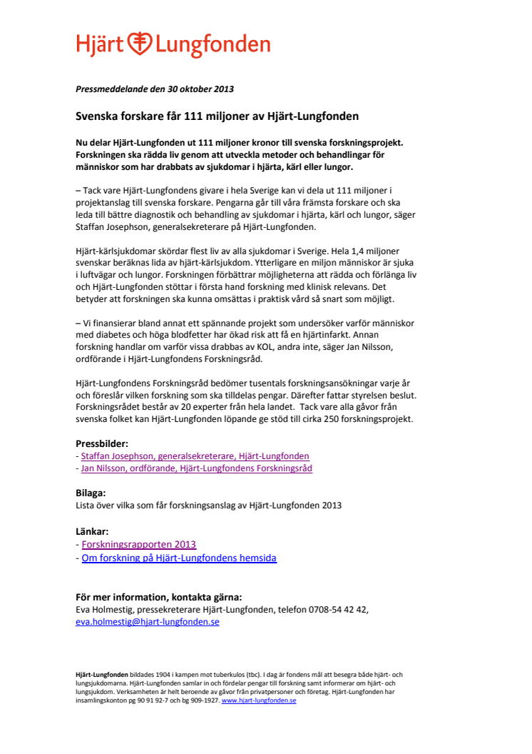 Svenska forskare får 111 miljoner av Hjärt-Lungfonden