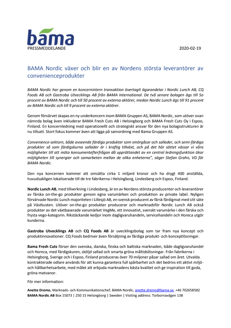 BAMA Nordic växer och blir en av Nordens största leverantörer av convenienceprodukter
