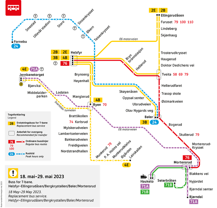 Buss for T-bane linjekart 18. mai - 29. mai. 2023