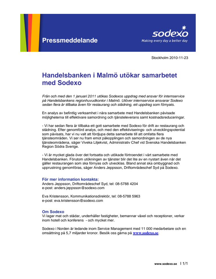 Handelsbanken i Malmö utökar samarbetet med Sodexo