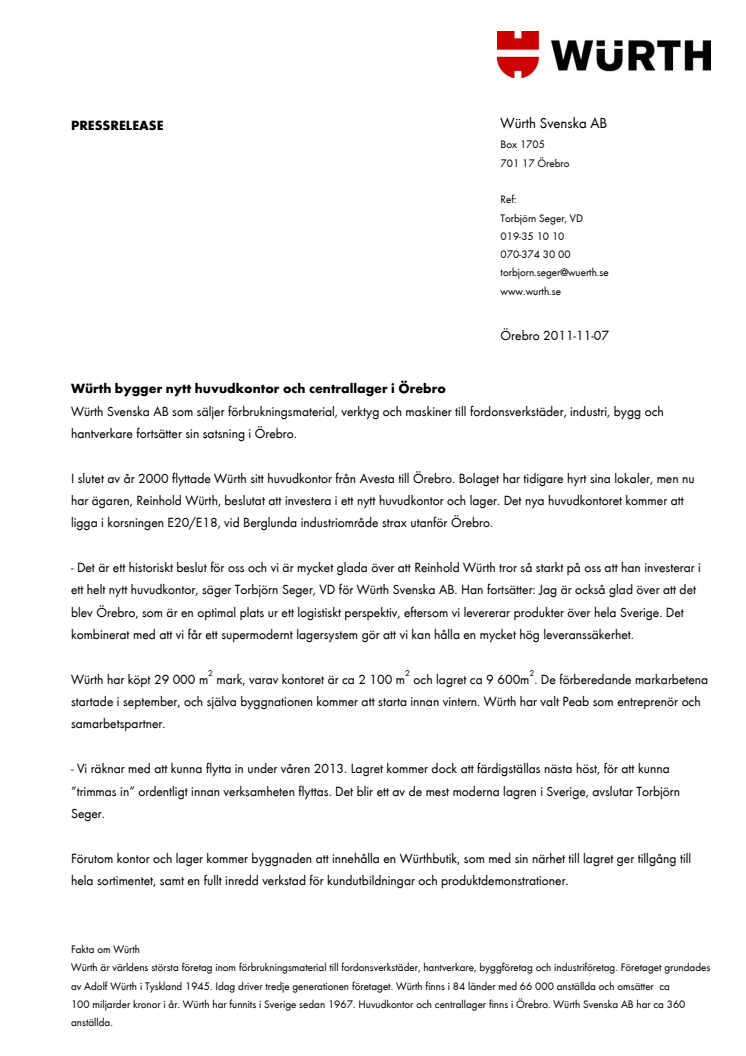 Würth bygger nytt huvudkontor och centrallager i Örebro