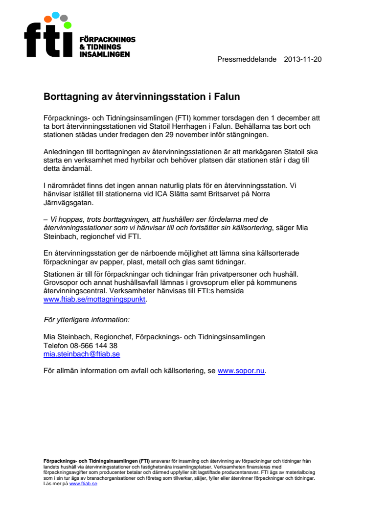 Borttagning av återvinningsstation i Falun
