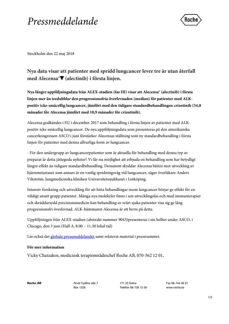 ​Nya data visar att patienter med spridd lungcancer lever tre år utan återfall med Alecensa® (alectinib) i första linjen.