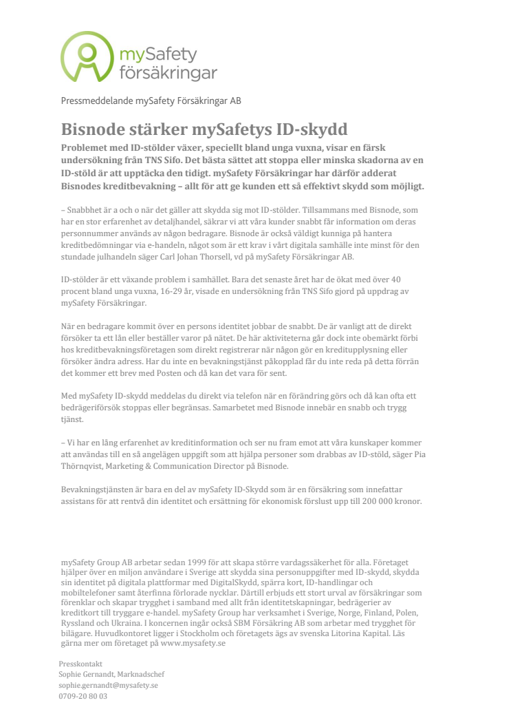 Bisnode stärker mySafety Försäkringars ID-skydd