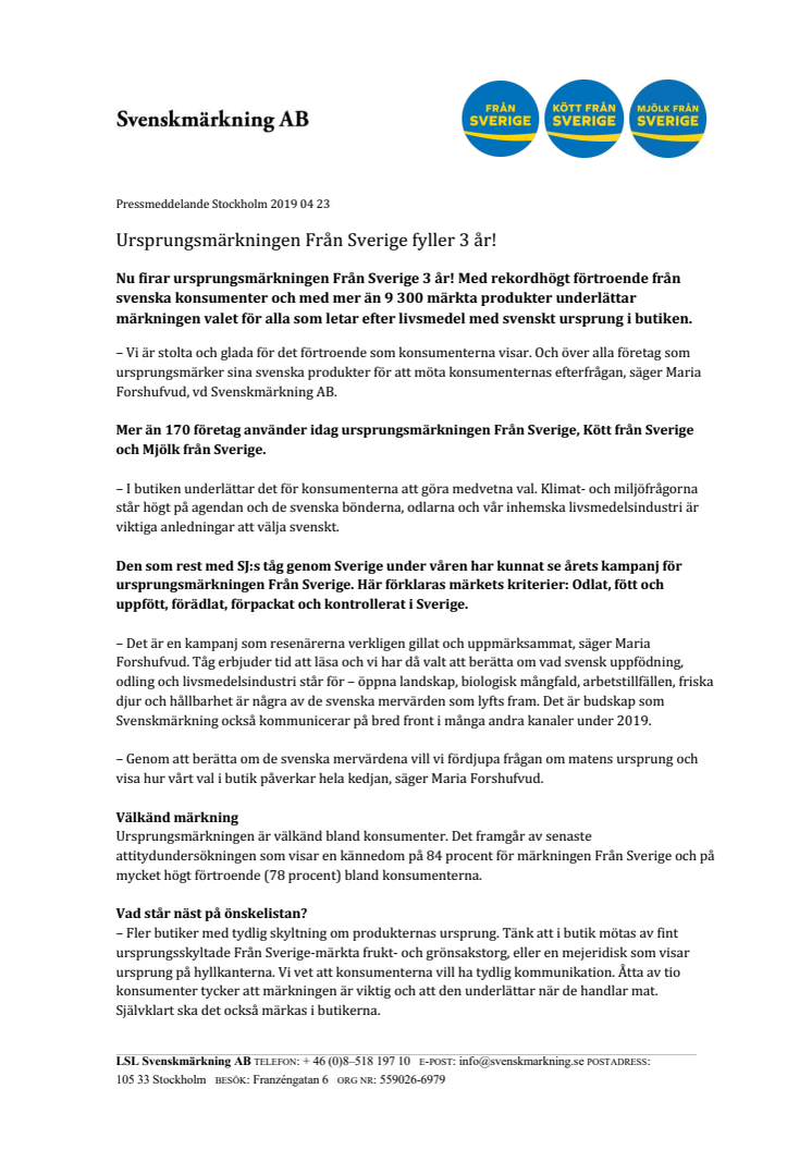 Ursprungsmärkningen Från Sverige fyller 3 år!