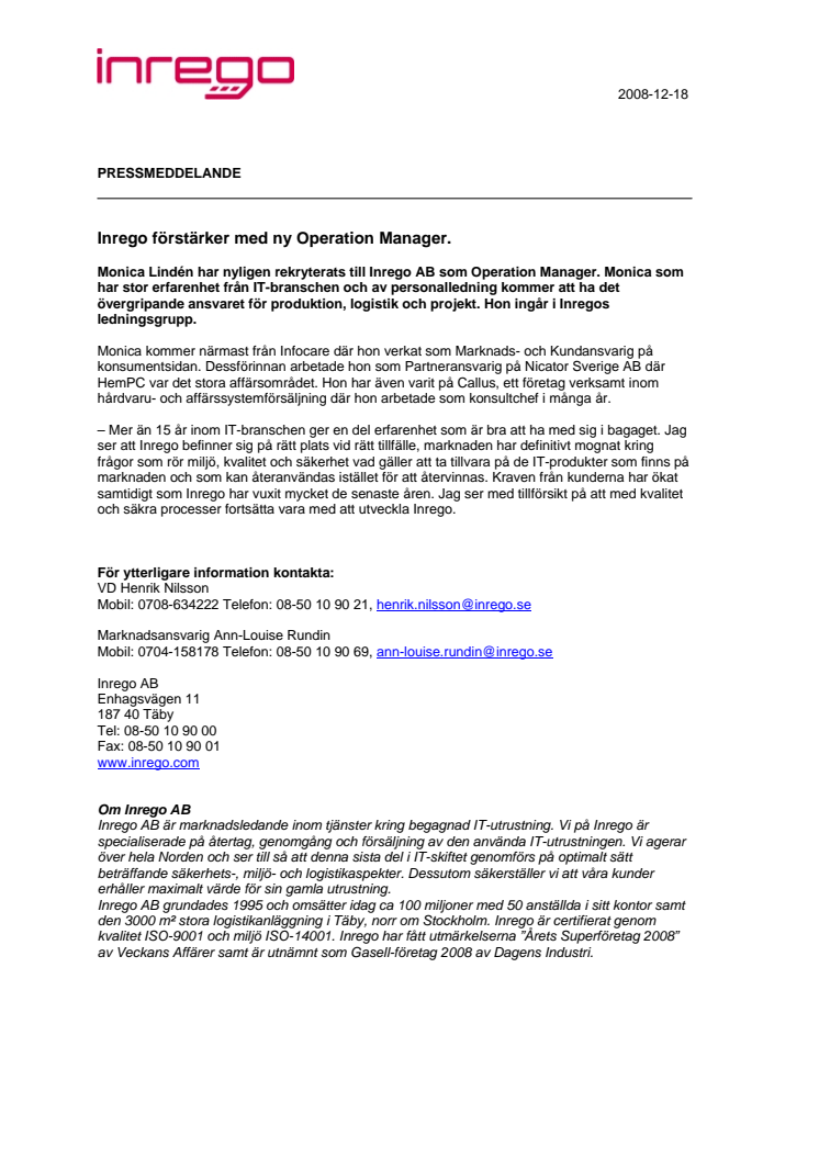 Inrego förstärker med ny Operation Manager