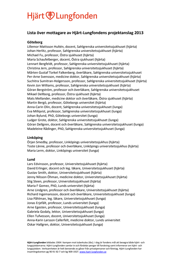 Lista över mottagare av Hjärt-Lungfondens projektanslag 2013