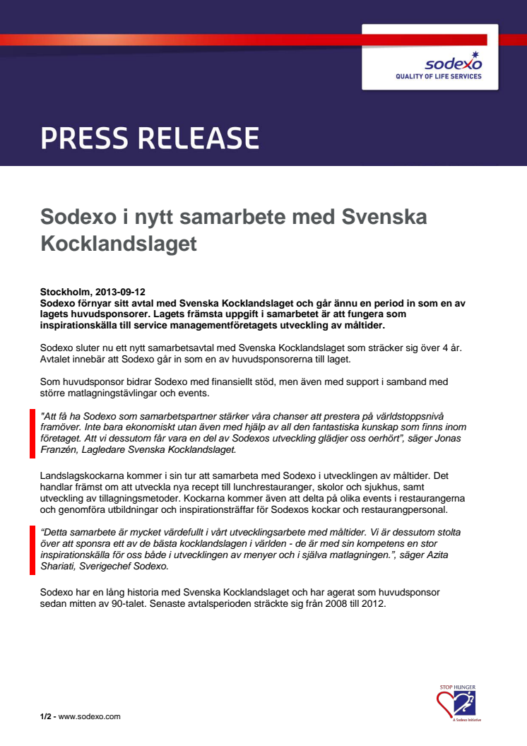Sodexo i nytt samarbete med Svenska Kocklandslaget