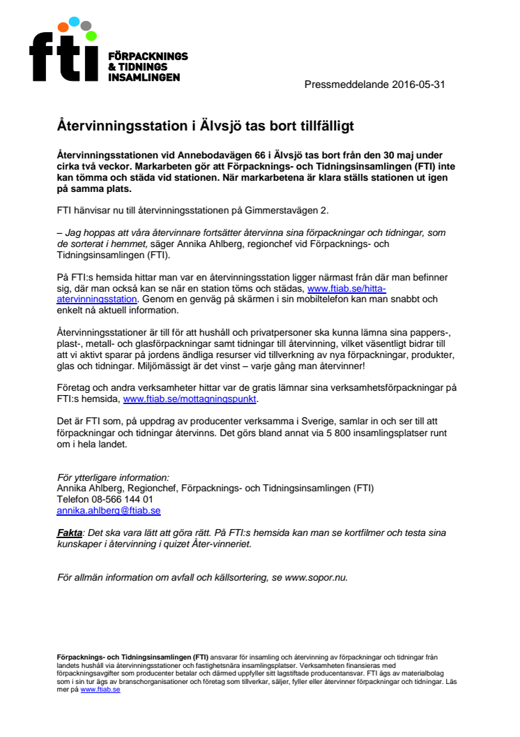 ​Återvinningsstation i Älvsjö tas bort tillfälligt