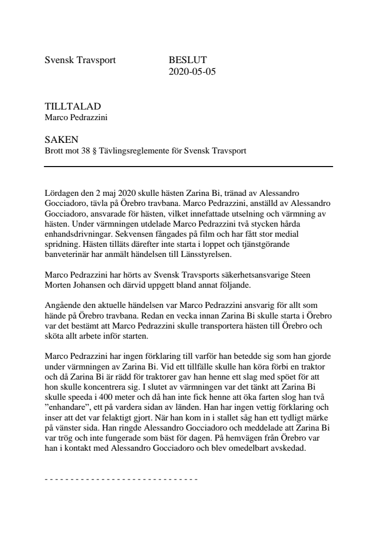 Svensk Travsports dom mot Marco Pedrazzini