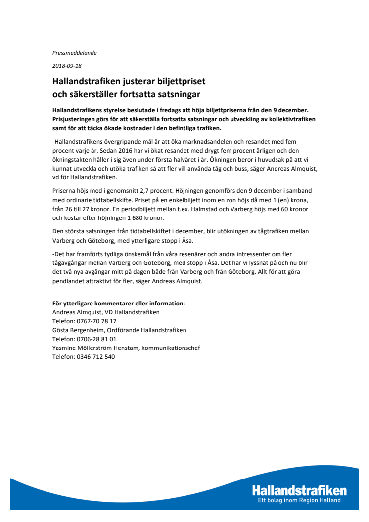 Hallandstrafiken justerar biljettpriset och säkerställer fortsatta satsningar