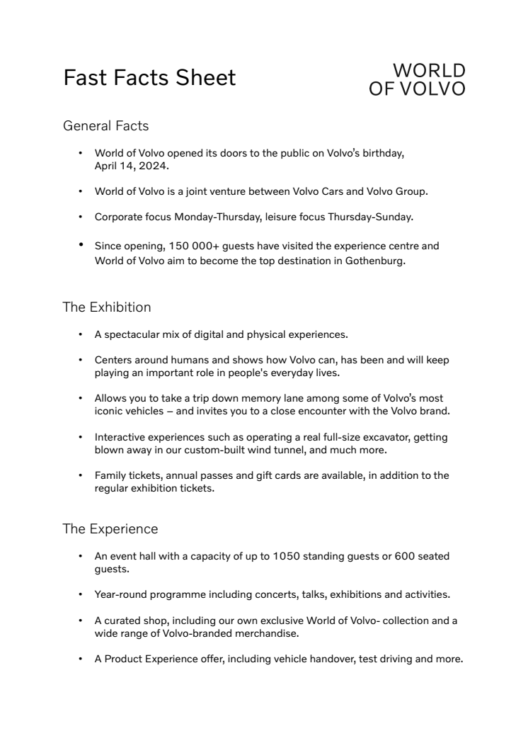 Fast Facts Sheet, World of Volvo