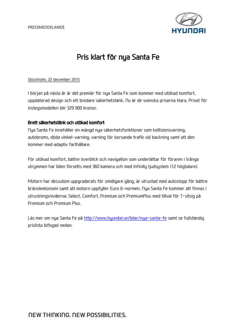 Pris klart för nya Santa Fe