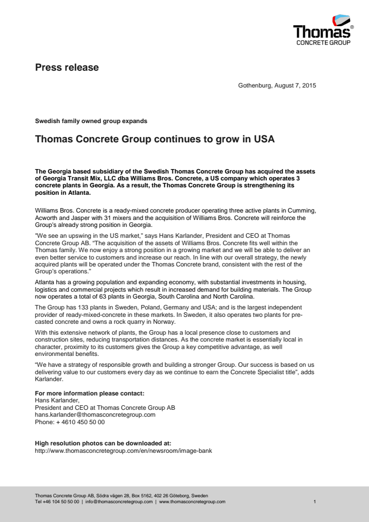 Thomas Concrete Group continues to grow in USA