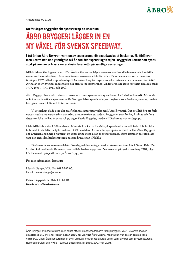Åbro Bryggeri lägger in en ny växel för svensk speedway