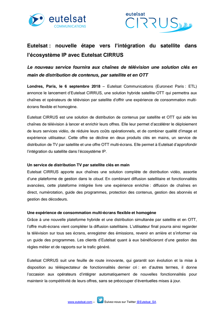Eutelsat : nouvelle étape vers l’intégration du satellite dans l’écosystème IP avec Eutelsat CIRRUS
