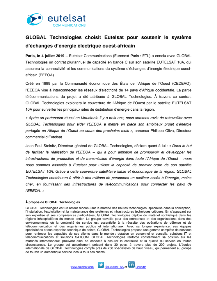 GLOBAL Technologies choisit Eutelsat pour soutenir le système d’échanges d’énergie électrique ouest-africain