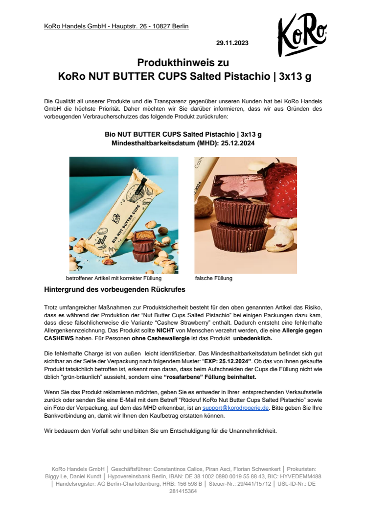 Verbraucherinformation KoRo NUT BUTTER CUPS Salted Pistacio, 3 x 13 g 