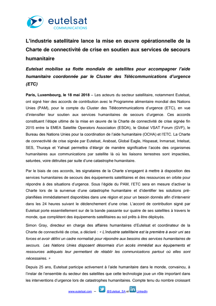 L’industrie satellitaire lance la mise en œuvre opérationnelle de la Charte de connectivité de crise en soutien aux services de secours humanitaire