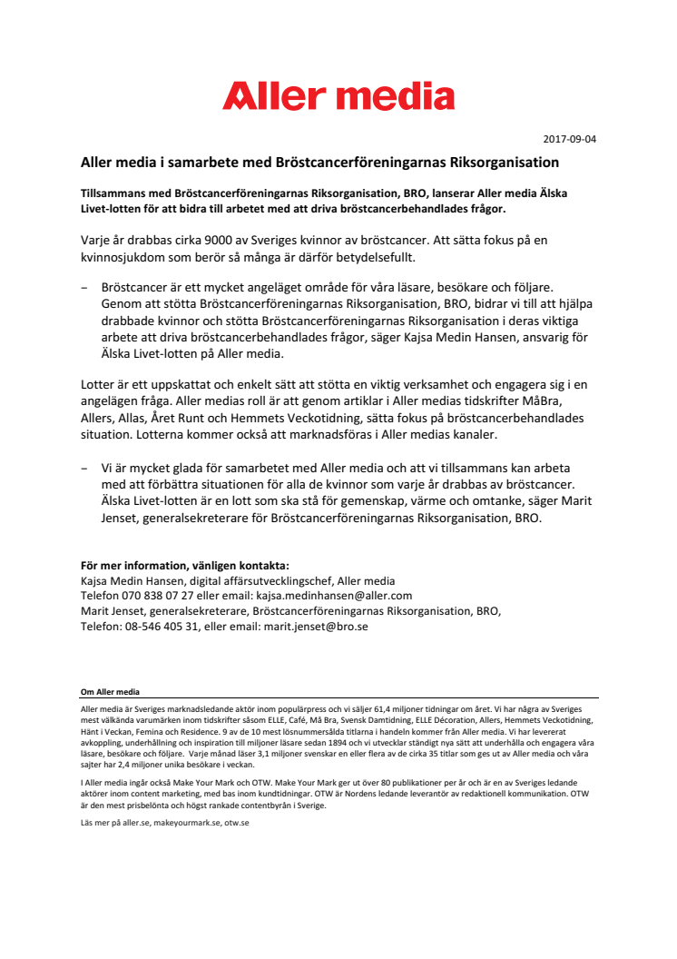 ​Aller media i samarbete med Bröstcancerföreningarnas Riksorganisation