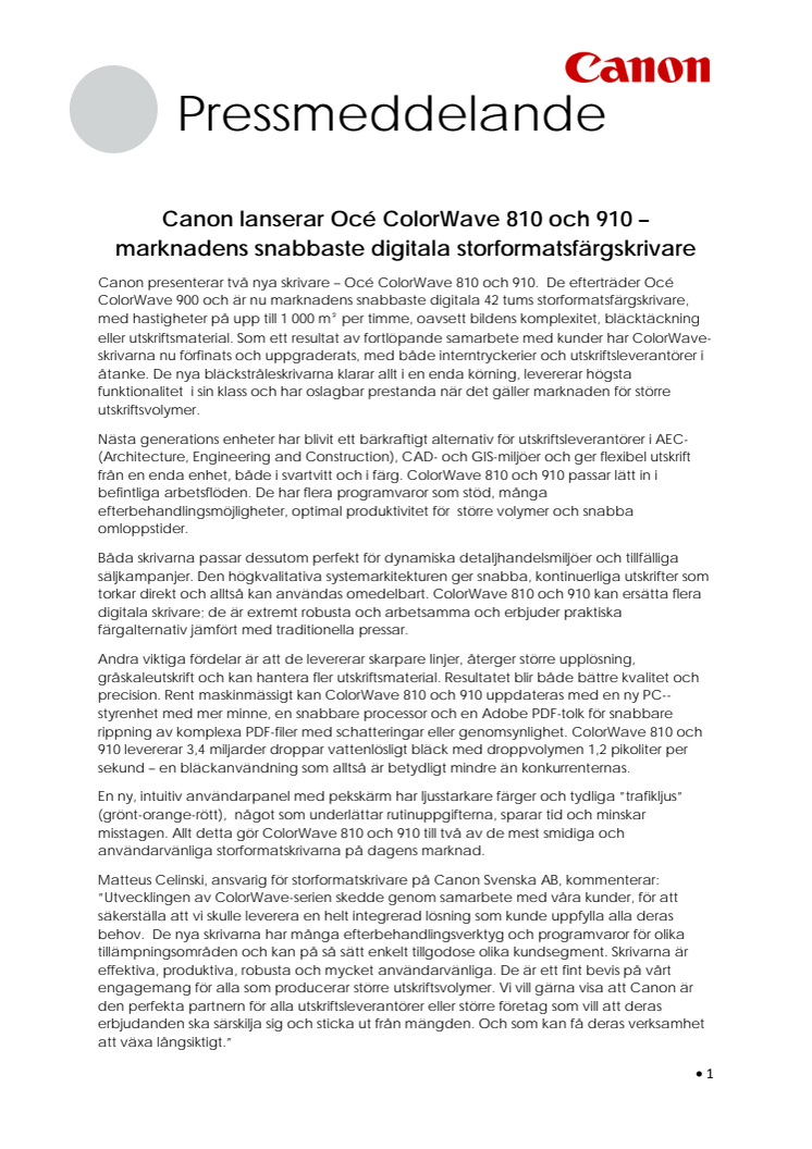 Marknadens snabbaste digitala storformatsfärgskrivare - Océ ColorWave 810 och 910