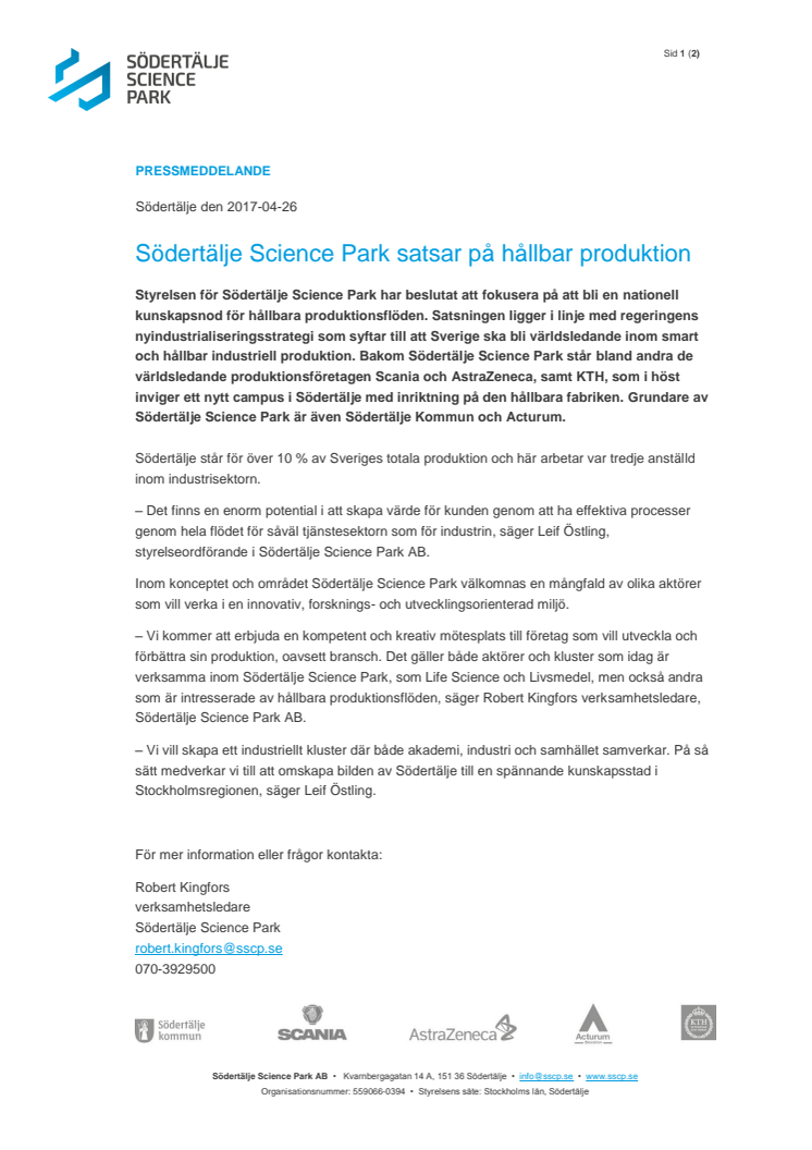 Södertälje Science Park satsar på hållbar produktion