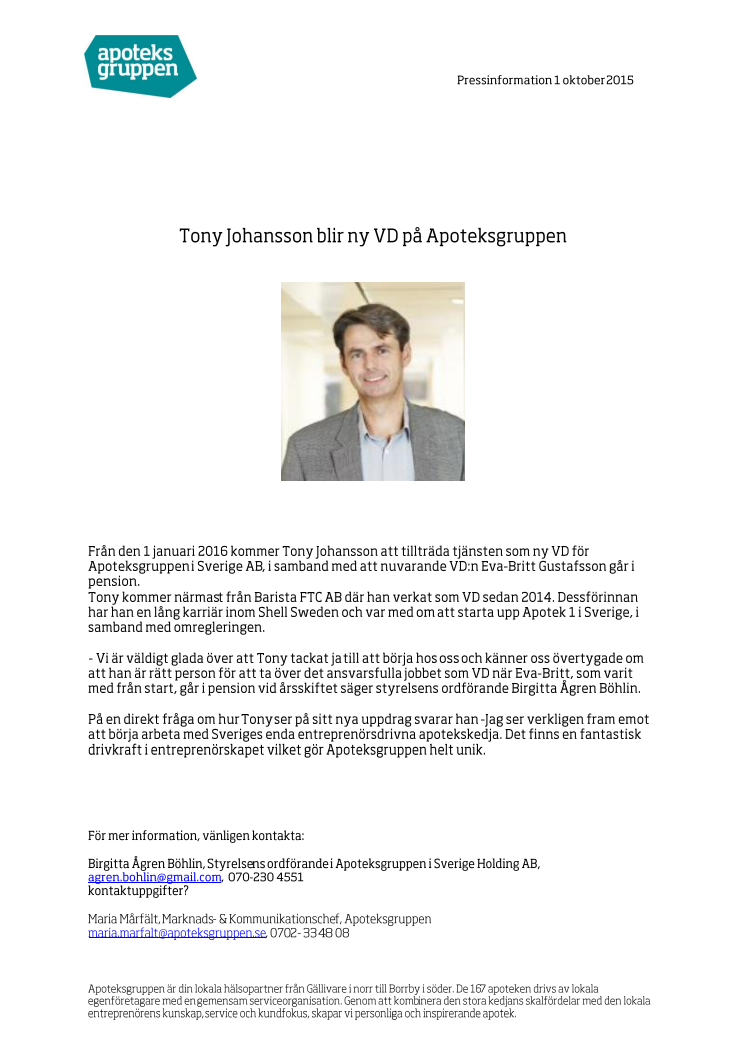 Tony Johansson blir ny VD på Apoteksgruppen