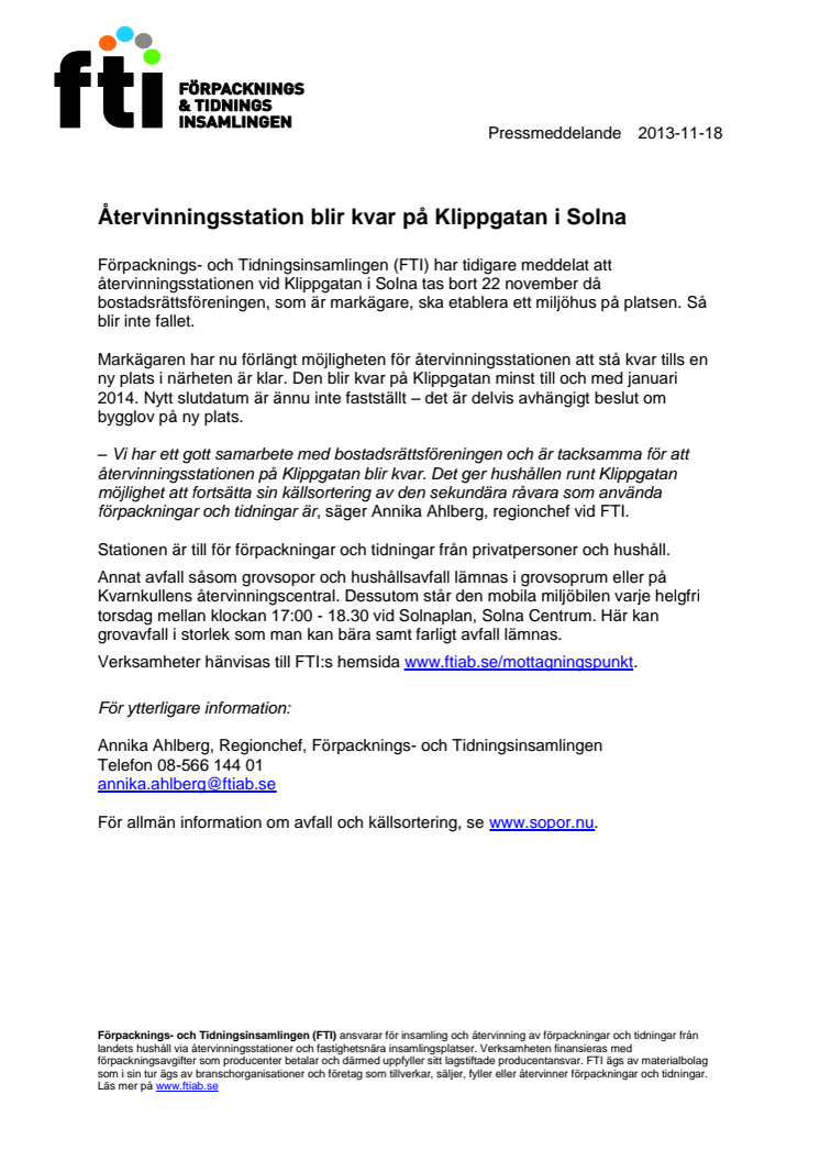 Återvinningsstation blir kvar på Klippgatan i Solna
