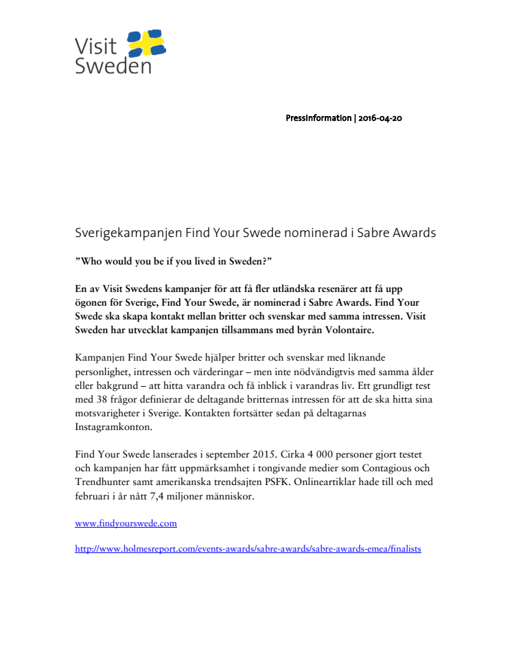 Sverigekampanjen Find Your Swede nominerad i Sabre Awards 