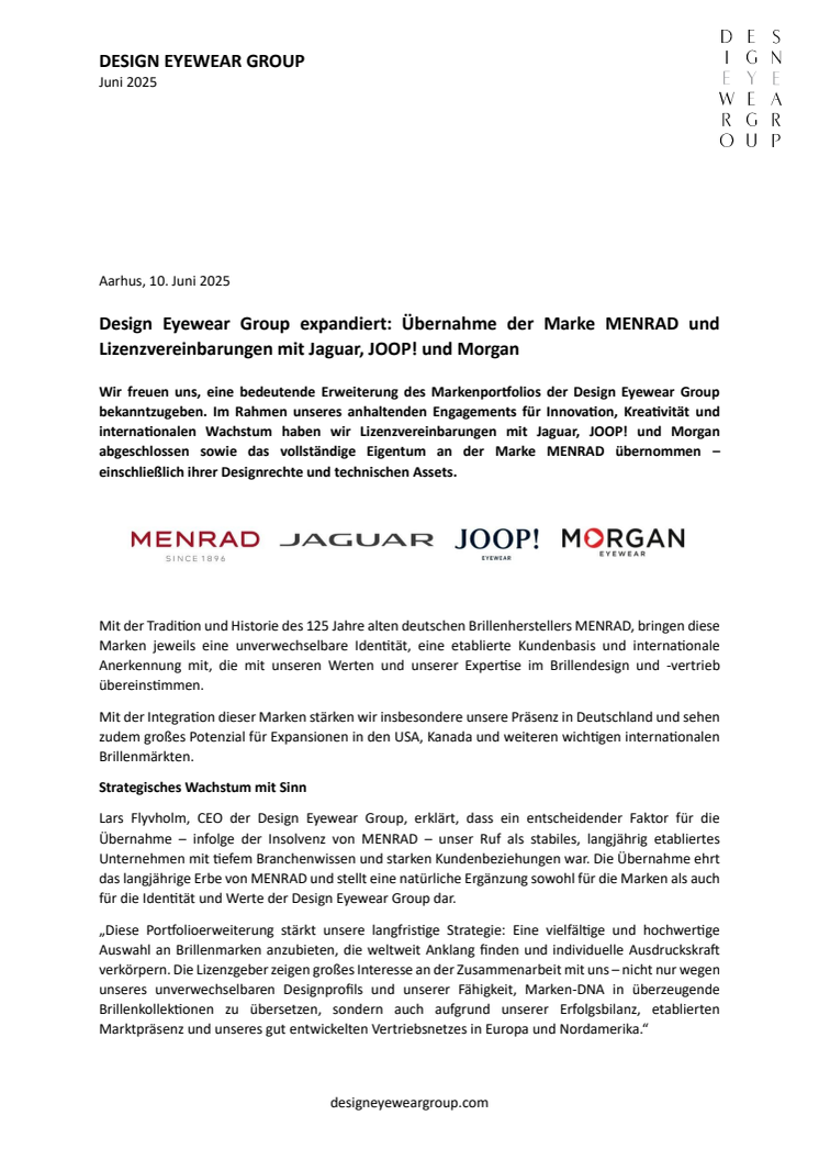 Design Eyewear Group expandiert: Übernahme der Marke MENRAD und Lizenzvereinbarungen mit Jaguar, JOOP! und Morgan