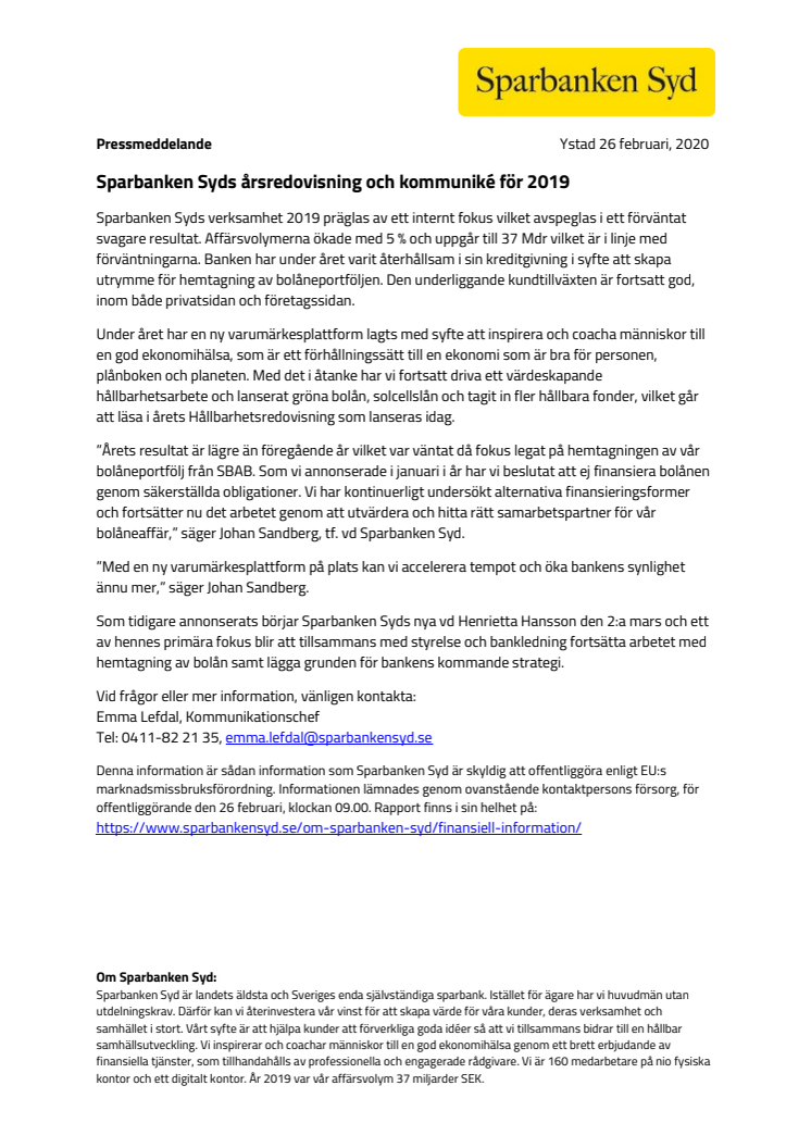 Sparbanken Syds årsredovisning och kommuniké för 2019
