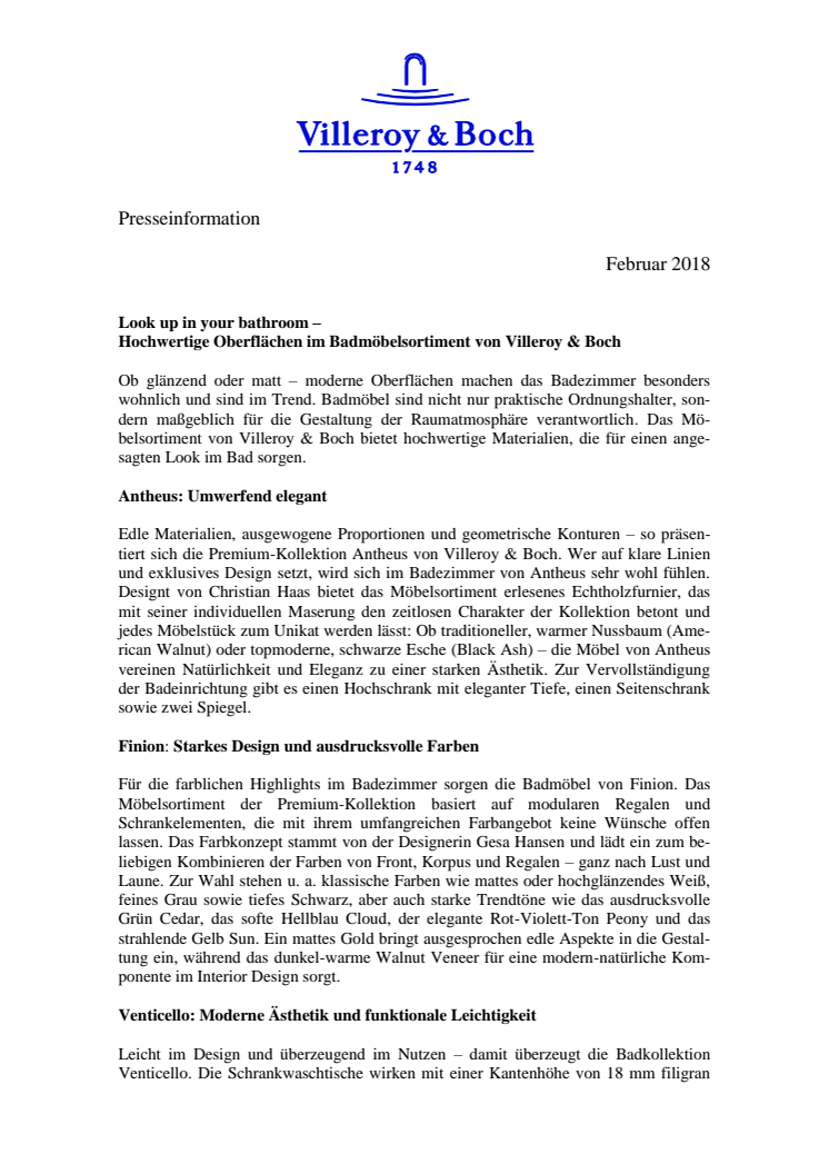 Look up in your bathroom – Hochwertige Oberflächen im Badmöbelsortiment von Villeroy & Boch