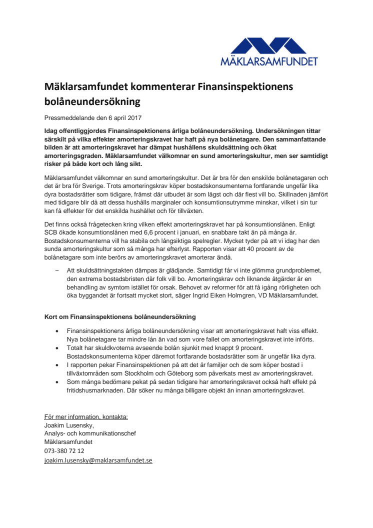 Mäklarsamfundet kommenterar Finansinspektionens bolåneundersökning 
