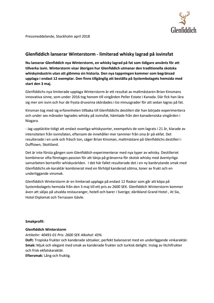 Glenfiddich lanserar Winterstorm - limiterad whisky lagrad på isvinsfat
