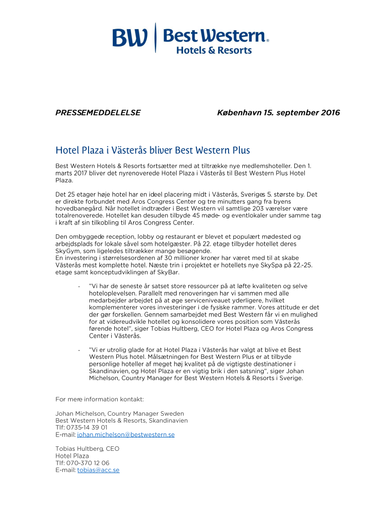 First Hotel Plaza i Västerås bliver Best Western Plus