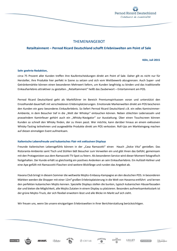 THEMENANGEBOT: Retailtainment – Pernod Ricard Deutschland schafft Erlebniswelten am Point of Sale