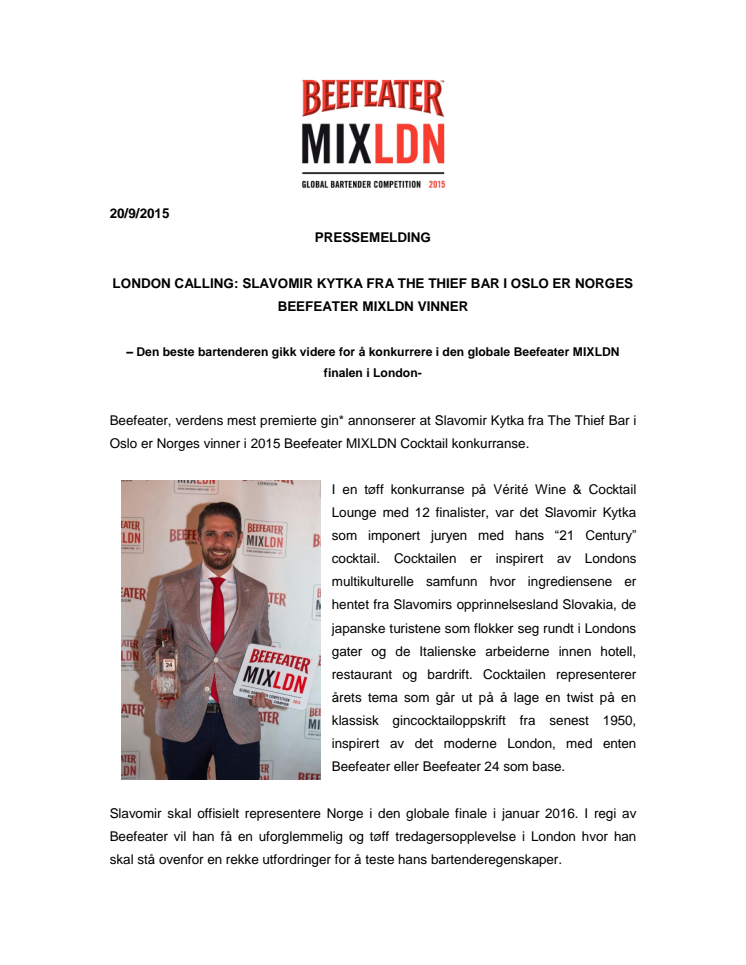 London Calling: Slavomir Kytka fra The Thief Bar i Oslo er Norges Beefeater MIXLDN vinner