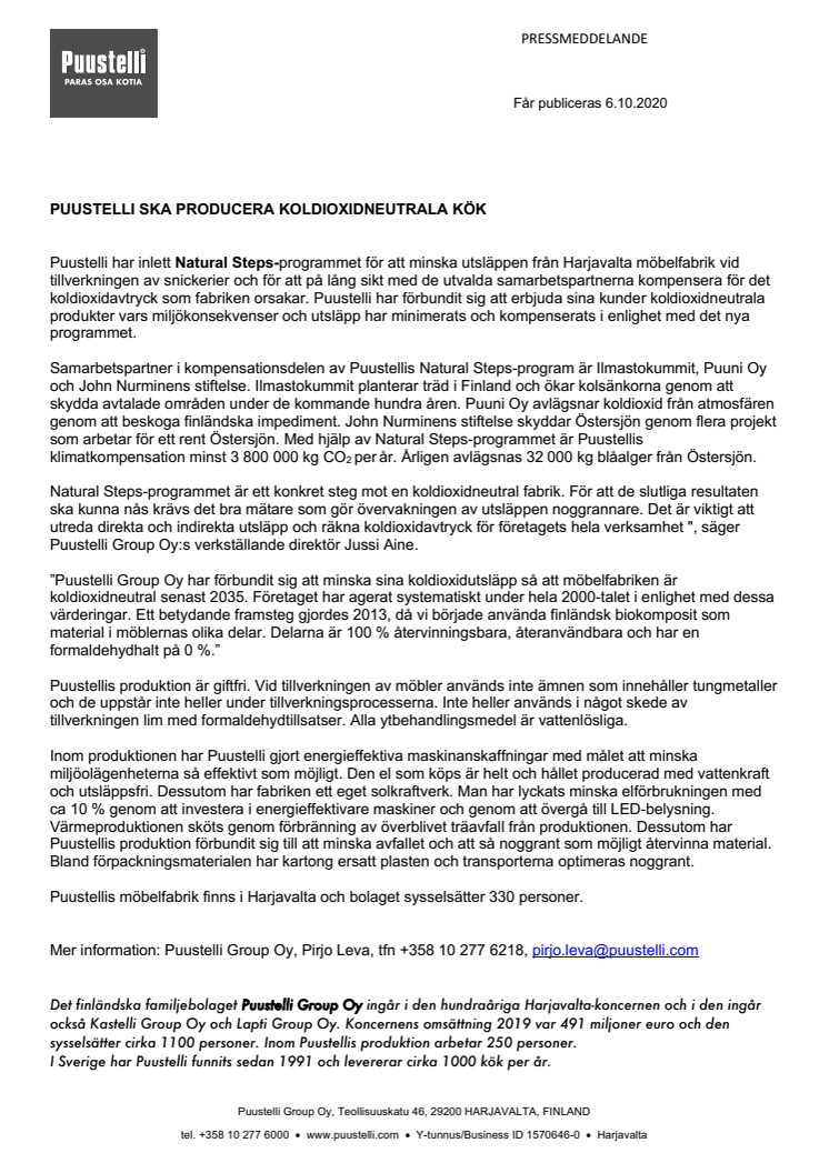 Puustelli ska producera koldioxidneutrala kök