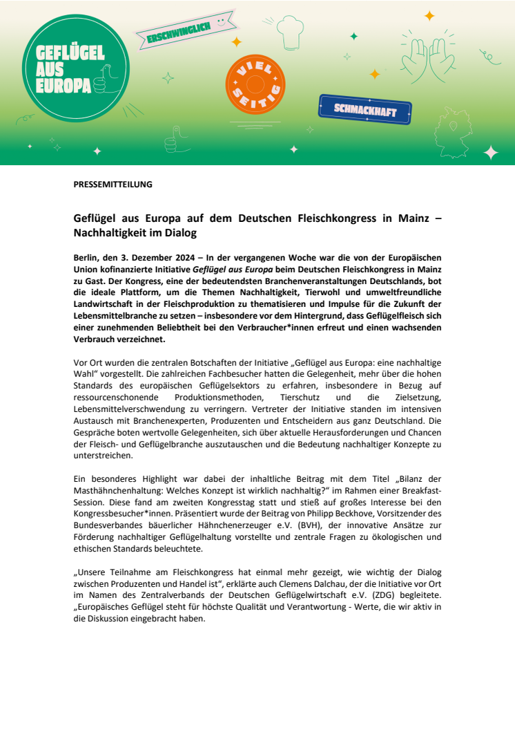 Presse-Information - Geflügel aus Europa: Geflügel aus Europa auf dem Deutschen Fleischkongress in Mainz – Nachhaltigkeit im Dialog