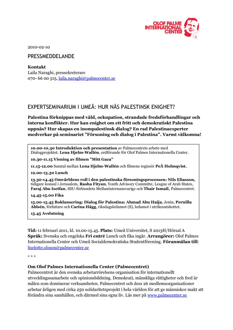 Expertseminarium i Umeå: Hur nås palestinsk enighet?