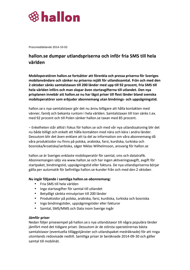 hallon.se dumpar utlandspriserna och inför fria SMS till hela världen 