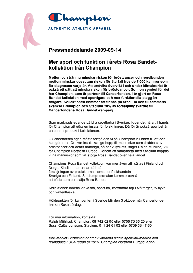 Mer sport och funktion i årets Rosa Bandet-kollektion från Champion