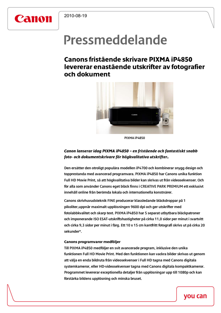 Pressmeddelande PIXMA iP4850