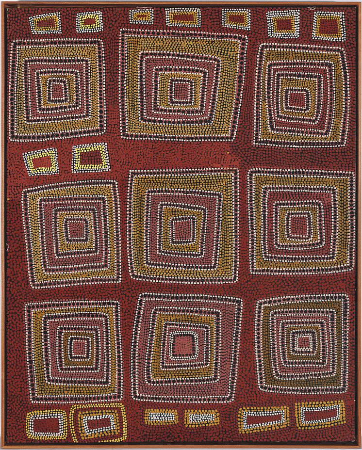 Anatjari III Tjakamarra, Novices Showered with Sparks, 1974. Synthetic polymer paint on prepared cloth board. National Gallery of Australia.