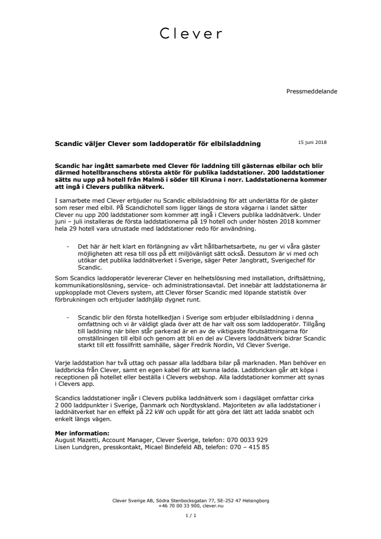 Scandic väljer Clever som laddoperatör för elbilsladdning