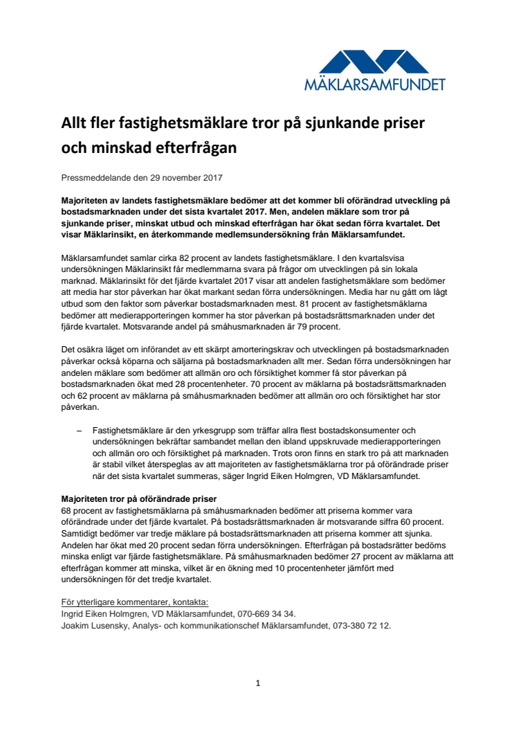 Allt fler fastighetsmäklare tror på sjunkande priser och minskad efterfrågan 