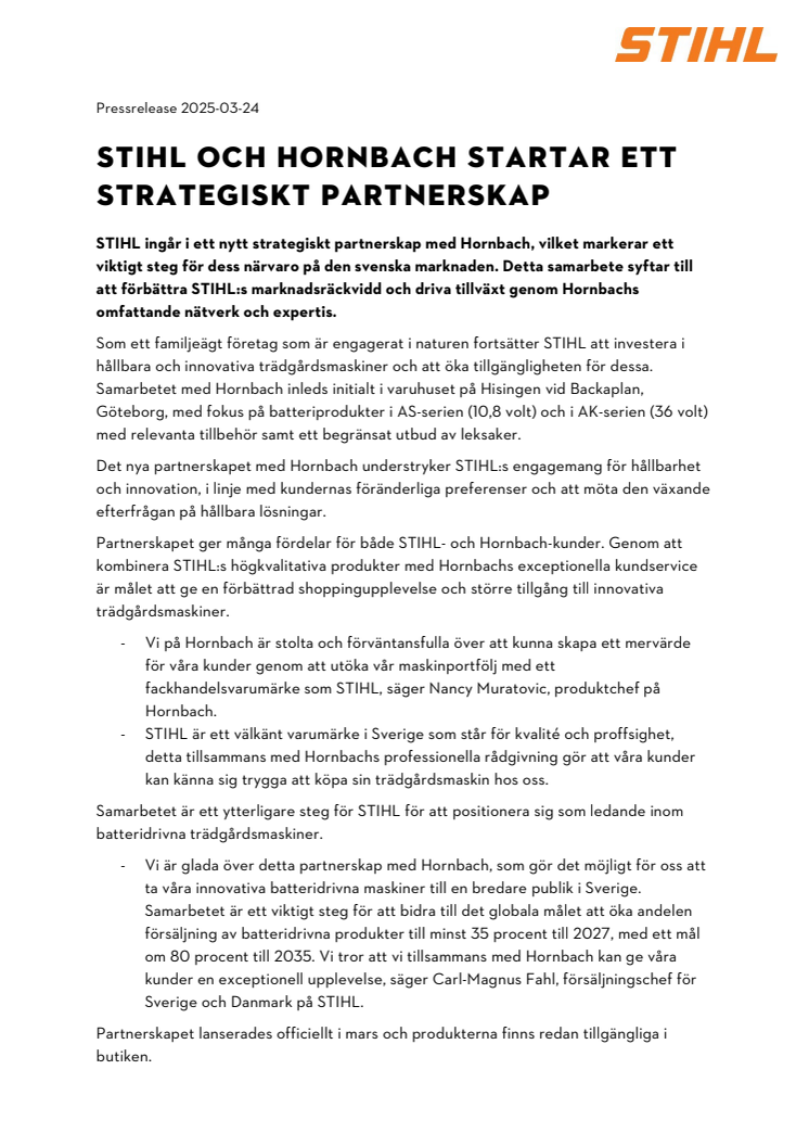 Pressmeddelande STIHL_nytt partnerskap med Hornbach_250324